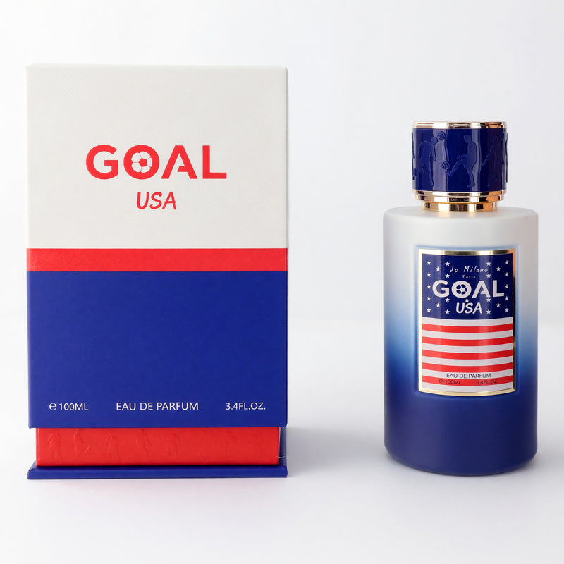 Jo Milano Goal USA 3.4 oz unisex EDP spray bottle, sleek physical fragrance container with a modern design.