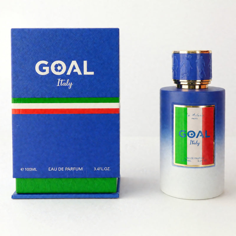Jo Milano Goal Italy 3.4 oz unisex EDP spray bottle, sleek design, showcasing the fragrance packaging.