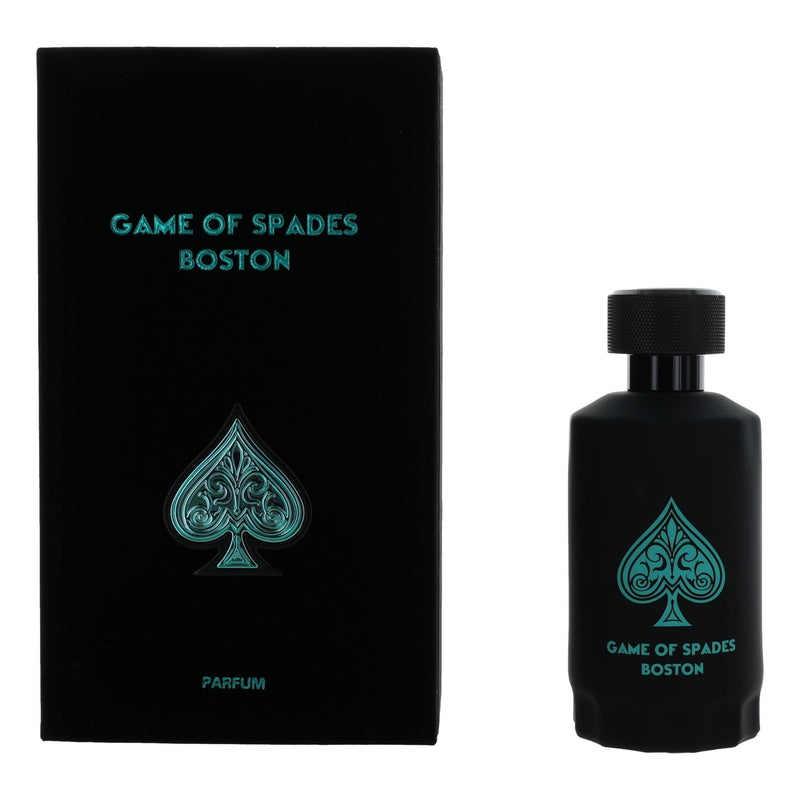 Jo Milano Game of Spades Boston 3.4 oz unisex parfum spray bottle with elegant packaging and black cap.