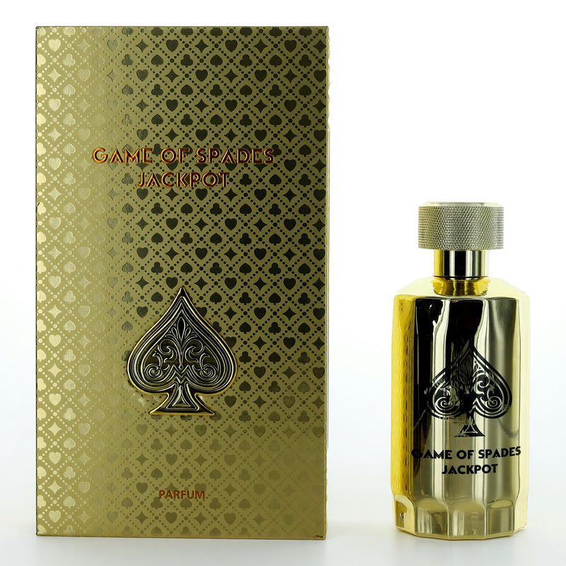 Unisex 3.4 oz Jo Milano Game of Spades Jackpot perfume spray bottle, elegant packaging for men and women.