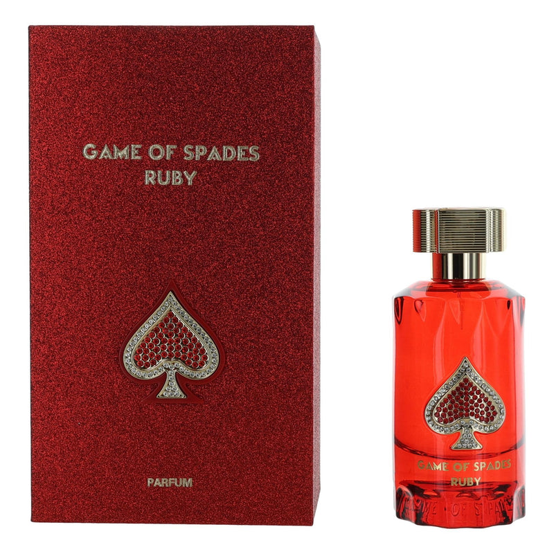 Jo Milano Game of Spades Ruby 3 oz unisex parfum spray bottle with elegant packaging and dark red accents.