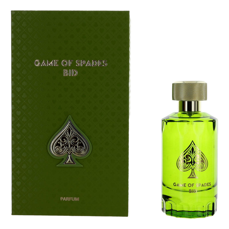 Jo Milano Game of Spades Bid unisex parfum spray in 3.4 oz bottle, featuring elegant packaging and distinctive scent.