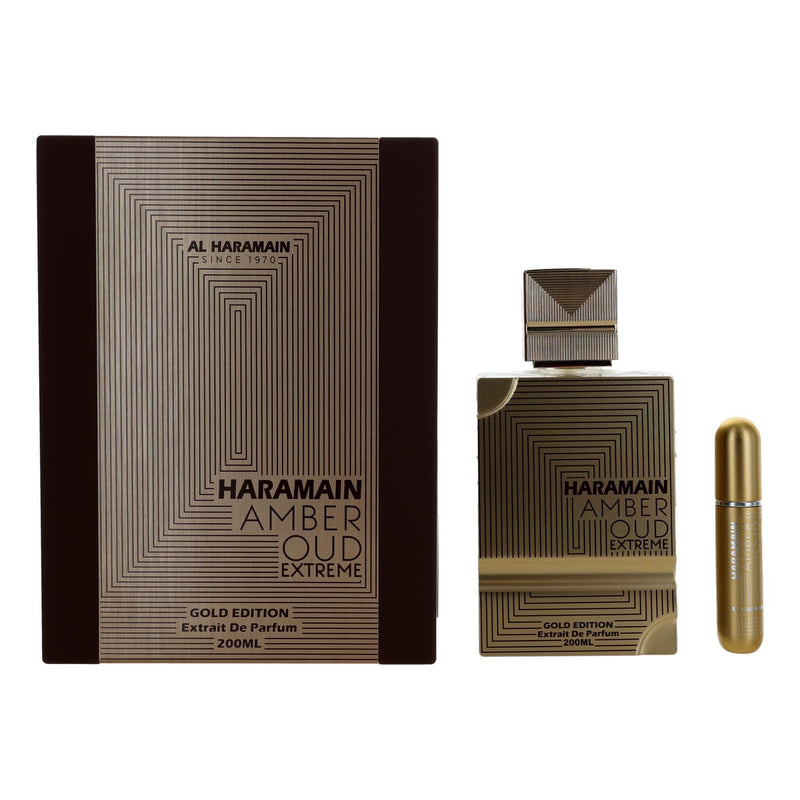 Al Haramain Amber Oud Extreme Gold Edition 6.7oz unisex extrait de parfum bottle with gold accents and elegant design.