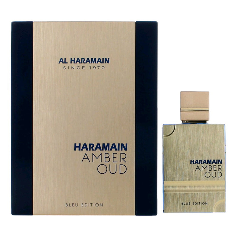 Amber Oud Blue Edition by Al Haramain 2 oz unisex EDP spray bottle, featuring elegant blue packaging and luxurious fragrance display