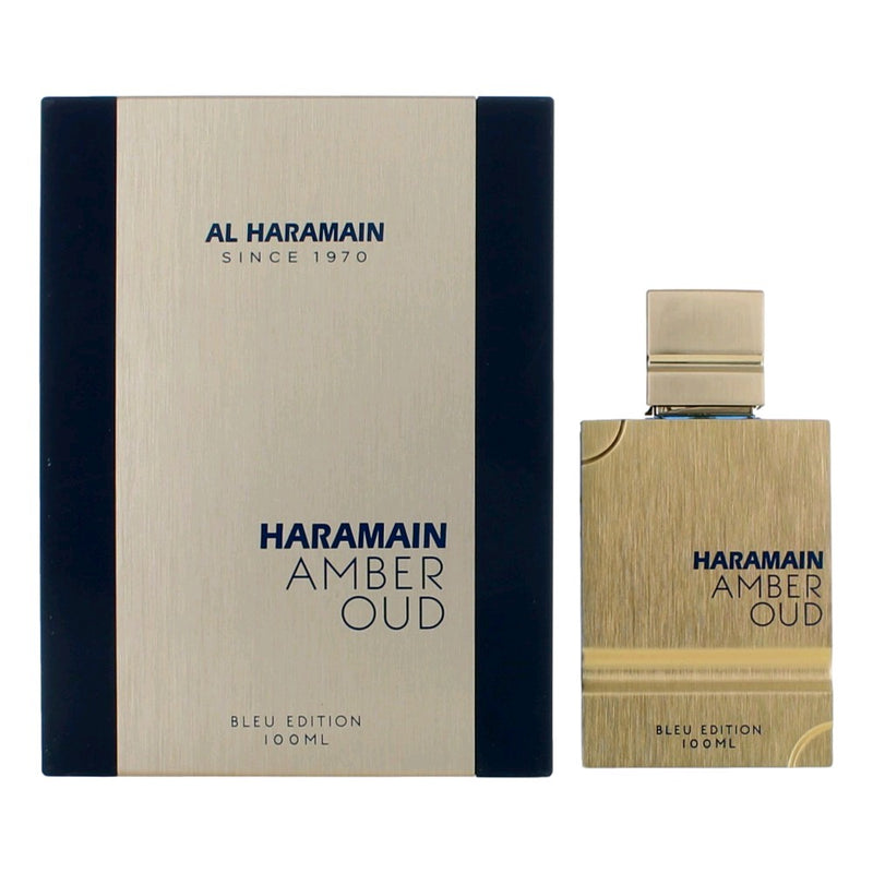 Amber Oud Blue Edition by Al Haramain 3.3 oz unisex EDP spray bottle with blue and gold accents, elegant fragrance packaging