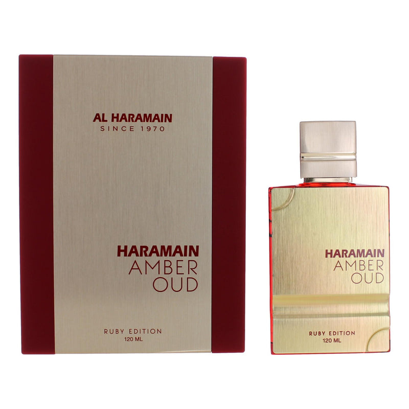 Amber Oud Ruby Edition perfume by Al Haramain in a 4 oz EDP spray, featuring a luxurious amber and oud bottle design.