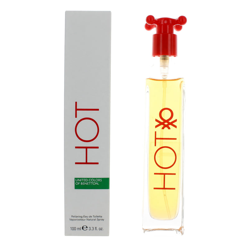 Benetton Hot unisex 3.3 oz EDT spray bottle, sleek design, with the fragrance bottle visible in the image.