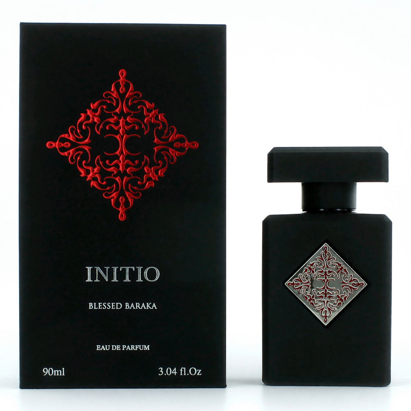 Initio Blessed Baraka 3 oz unisex EDP spray bottle with elegant packaging and spray nozzle, showcasing the fragrance design.