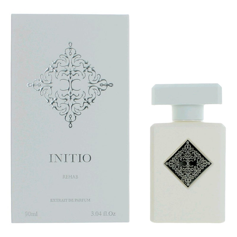 Initio Rehab unisex extrait de parfum spray bottle, 3 oz, with sleek design and elegant packaging visible in the image.