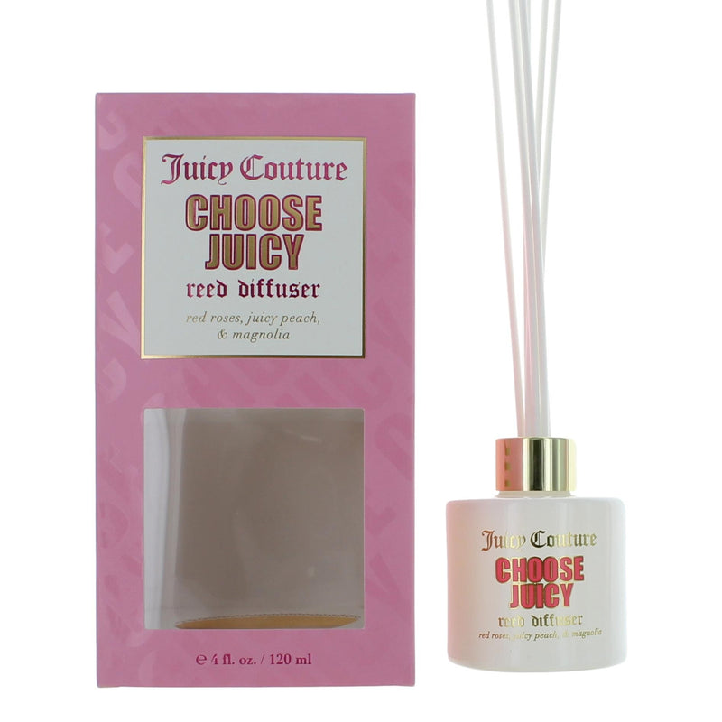 Juicy Couture Choose Juicy 4 oz reed diffuser with decorative bottle and reed sticks for home fragrance.