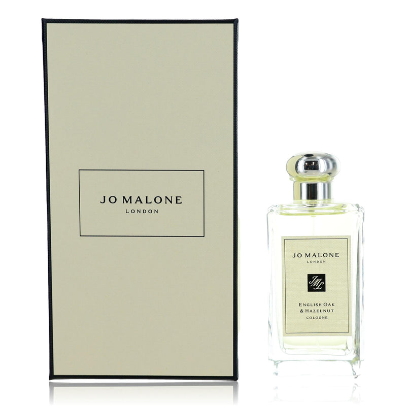 Jo Malone English Oak & Hazelnut cologne spray for unisex, 3.4oz bottle with elegant packaging and natural scent profile.