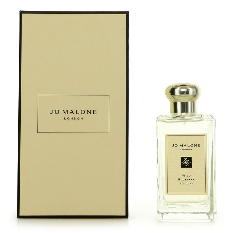 Jo Malone Wild Bluebell 3.4 oz unisex cologne spray, clear bottle with blue floral design and white cap, on white background