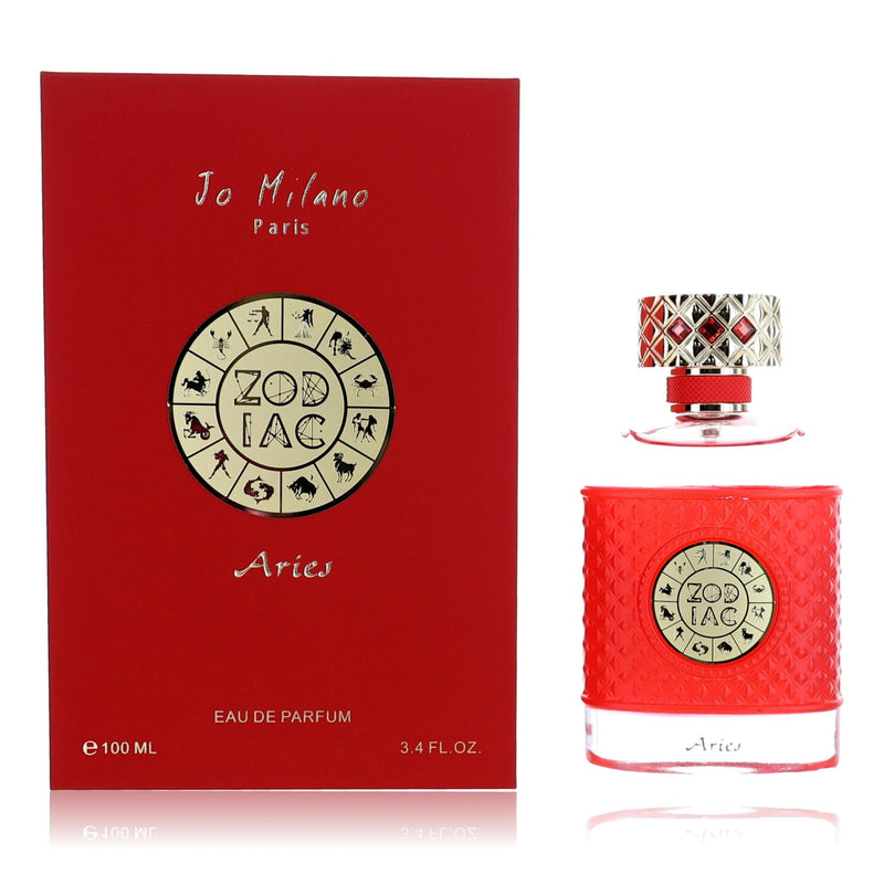 Zodiac Aries unisex 3.4 oz Jo Milano EDP spray bottle with zodiac symbol and packaging details visible.