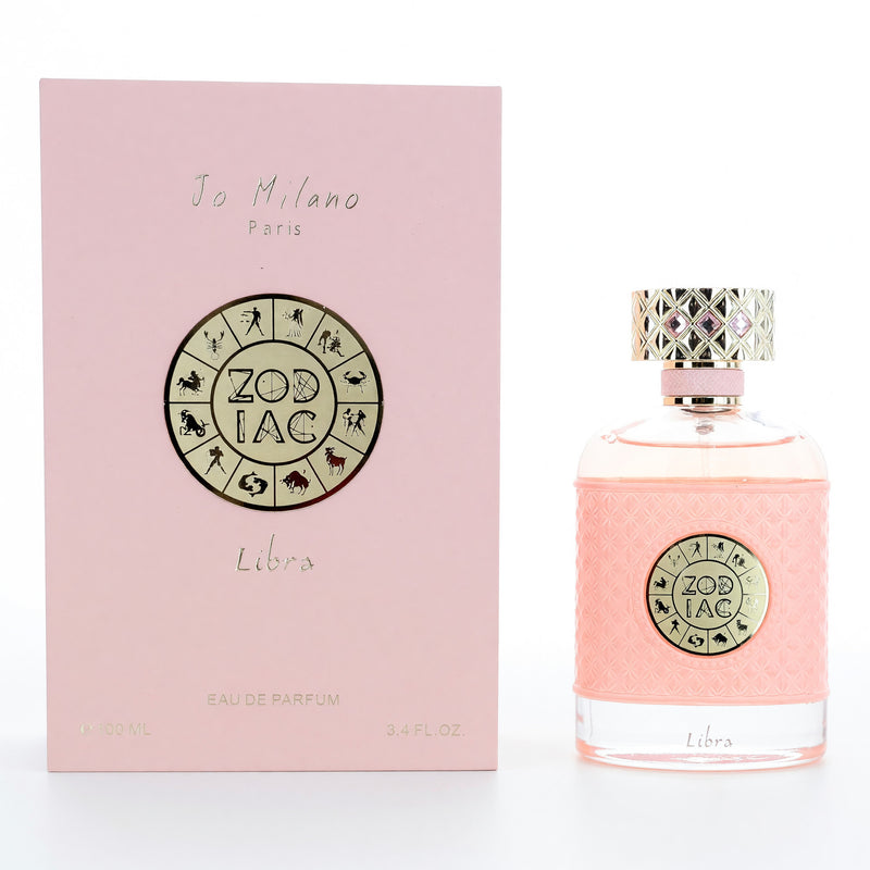Zodiac Libra Jo Milano unisex 3.4 oz EDP spray bottle, elegant packaging with zodiac symbol design