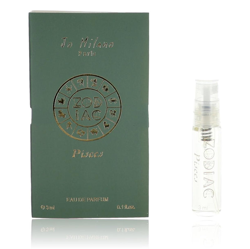 Zodiac Pisces Jo Milano 0.1 oz unisex EDP spray sample bottle with Pisces zodiac symbol and elegant packaging design.