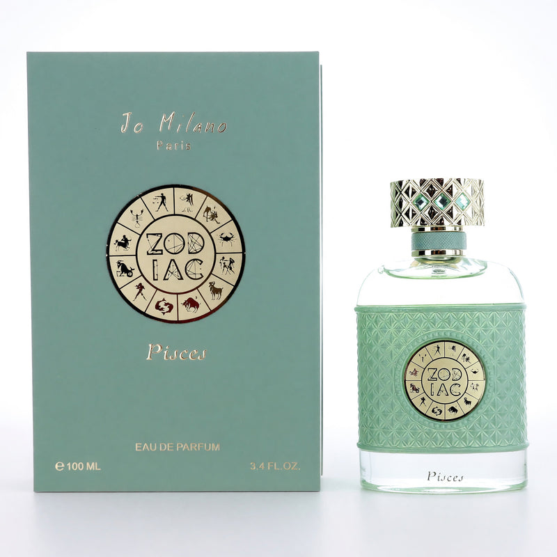 Jo Milano Zodiac Pisces 3.4 oz unisex EDP spray bottle with celestial Pisces design and elegant packaging.