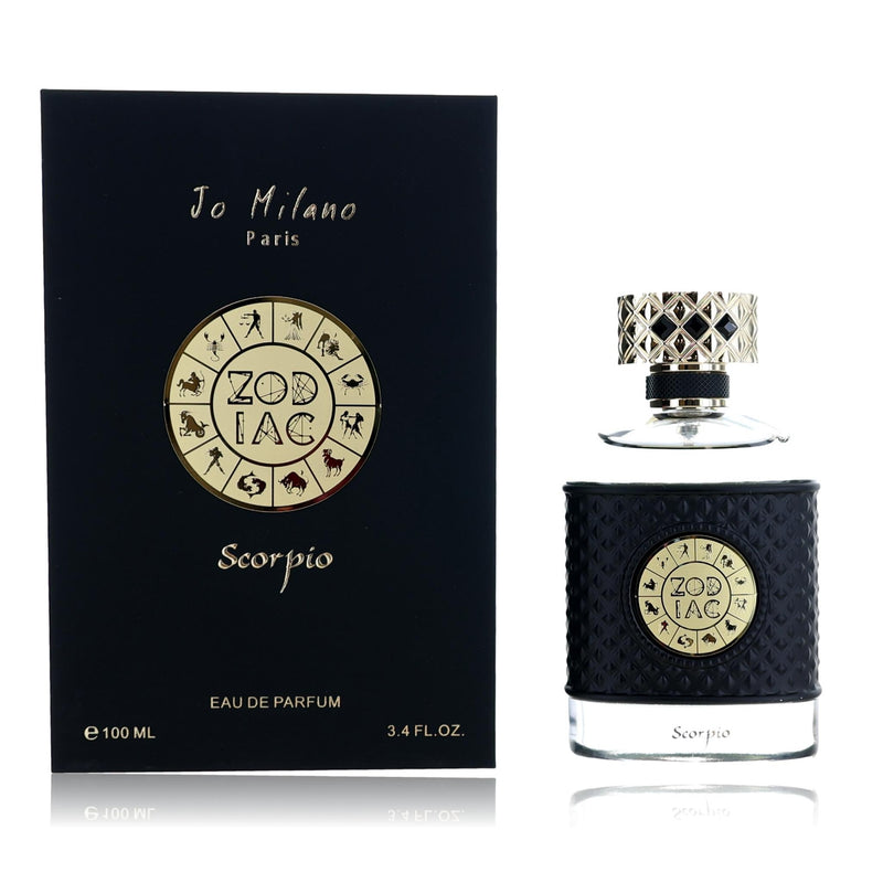 Jo Milano Zodiac Scorpio 3.4 oz unisex EDP spray bottle with sleek design and label showcasing Scorpio zodiac sign.