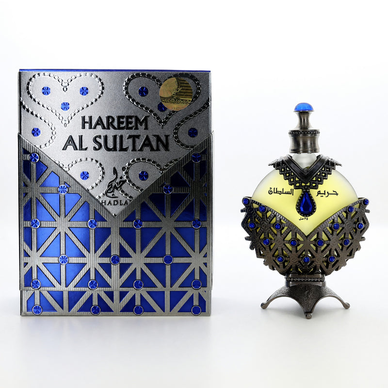 Al Khadlaj Hareem Al Sultan Blue perfume oil for unisex, 1.18oz bottle with elegant blue packaging and a sleek design.