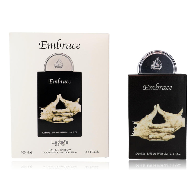 Lattafa Embrace unisex 3.4 oz EDP spray bottle, sleek design, ready for use.