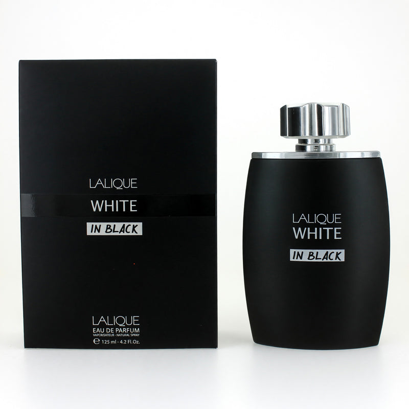 White In Black by Lalique 4.2 oz unisex EDP spray bottle, sleek white and black design, elegant and modern fragrance packaging