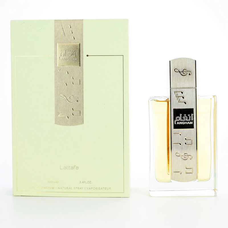 Lattafa Angham unisex 3.4 oz EDP spray, elegant perfume bottle with a sleek design and gold accents.