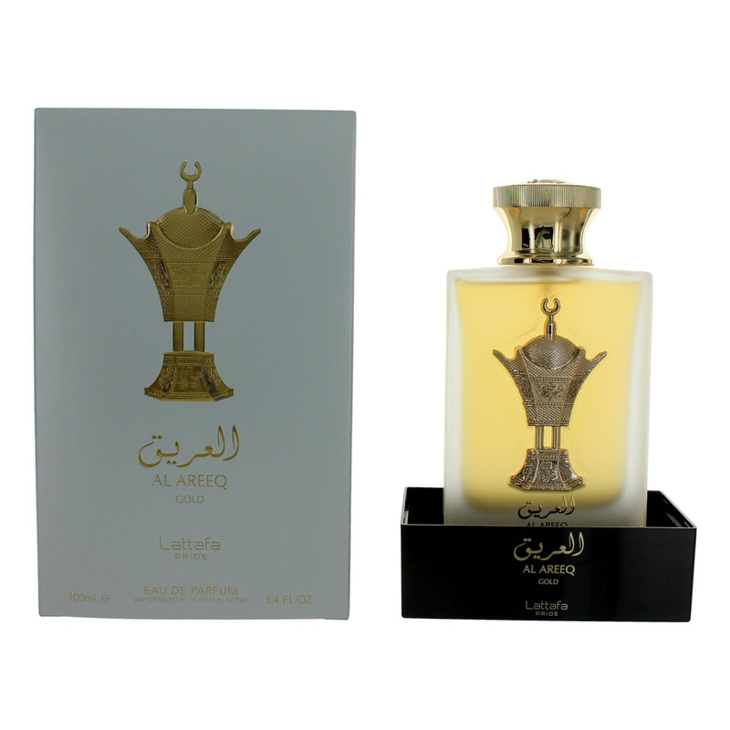 Lattafa Al Areeq Gold 3.4 oz unisex EDP spray bottle with gold accents and elegant packaging.