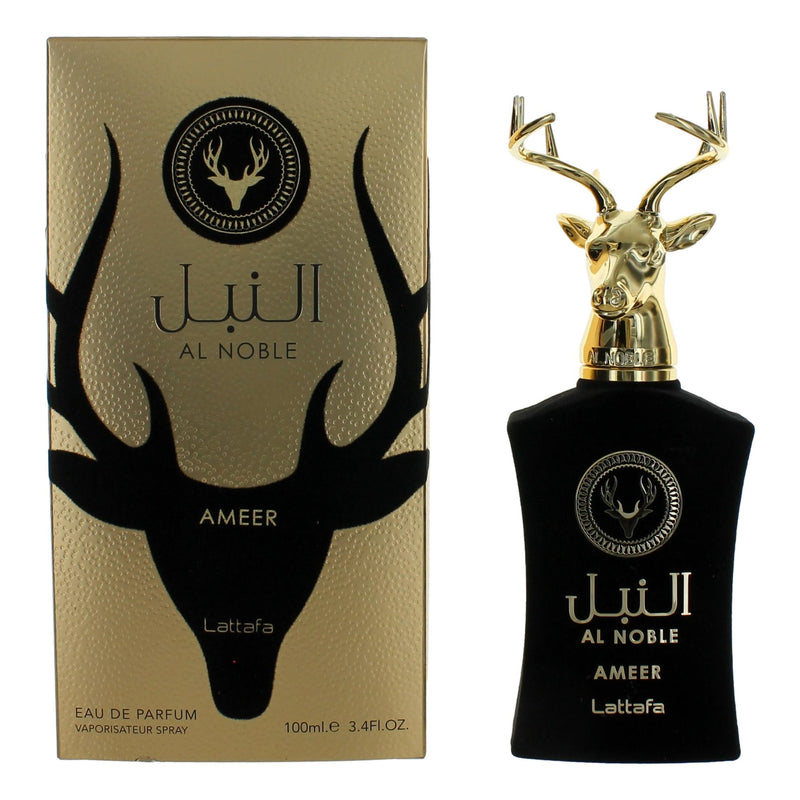 Lattafa Al Noble Ameer 3.4 oz unisex EDP spray bottle with elegant packaging and clear branding.