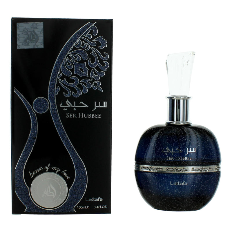 Lattafa Ser Hubbee unisex 3.4 oz EDP spray bottle with elegant packaging, showcasing the fragrance design and branding.