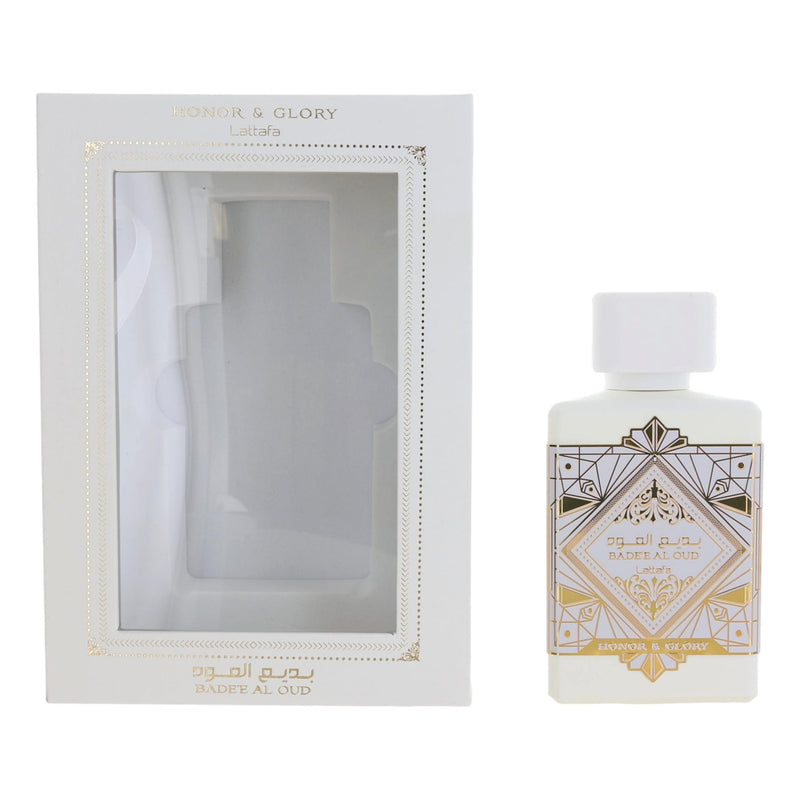 Lattafa Bade'e Al Oud Honor & Glory 3.4 oz EDP spray for unisex, elegant fragrance bottle with intricate design.