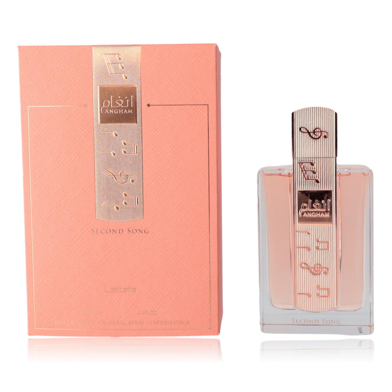 Lattafa Angham Second Song unisex 3.4 oz EDP spray bottle with elegant packaging and fragrance details.