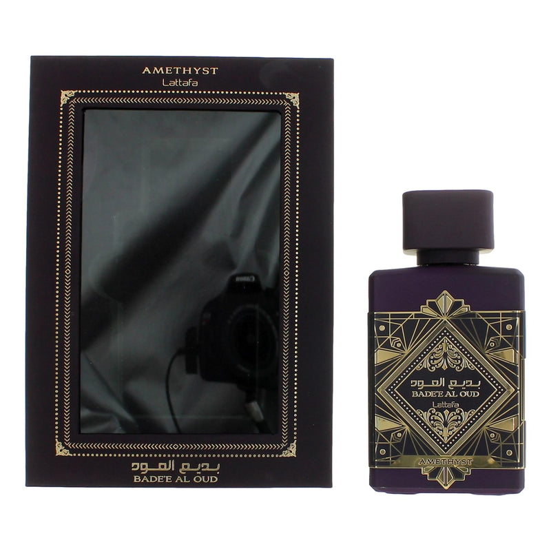 Lattafa Bade'e Al Oud Amethyst perfume spray, 3.4 oz EDP for unisex, featuring elegant purple bottle and luxurious fragrance.