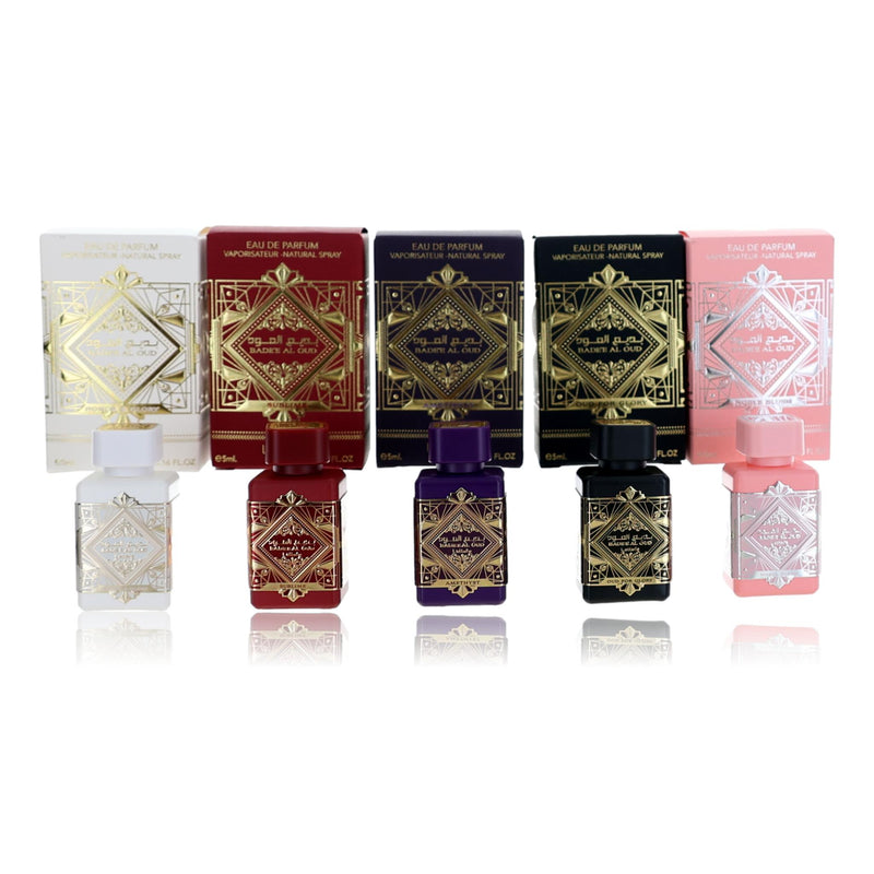 Lattafa Bade'e Al Oud Collection 5-piece unisex gift set with elegant bottles and packaging, showcasing luxurious fragrances.