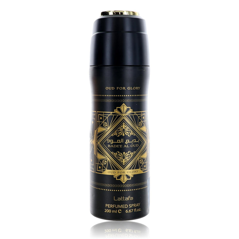 Lattafa Bade'e Al Oud Oud for Glory men's 6.7oz perfumed deodorant spray, featuring a sleek bottle with luxurious scent.