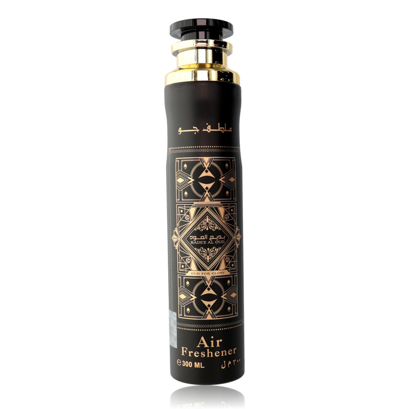 Lattafa Bade'e Al Oud Oud for Glory 10 oz air freshener bottle with elegant design and gold accents.