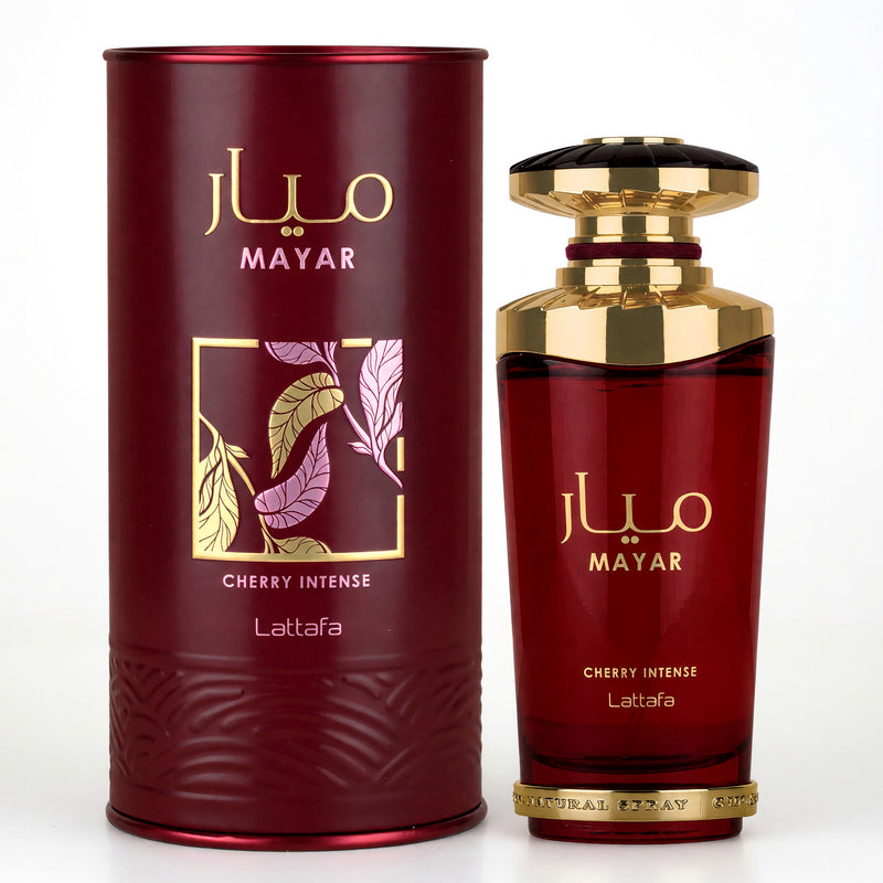 Lattafa Mayar Cherry Intense unisex 3.4 oz EDP spray bottle with a sleek design and cherry-themed label.