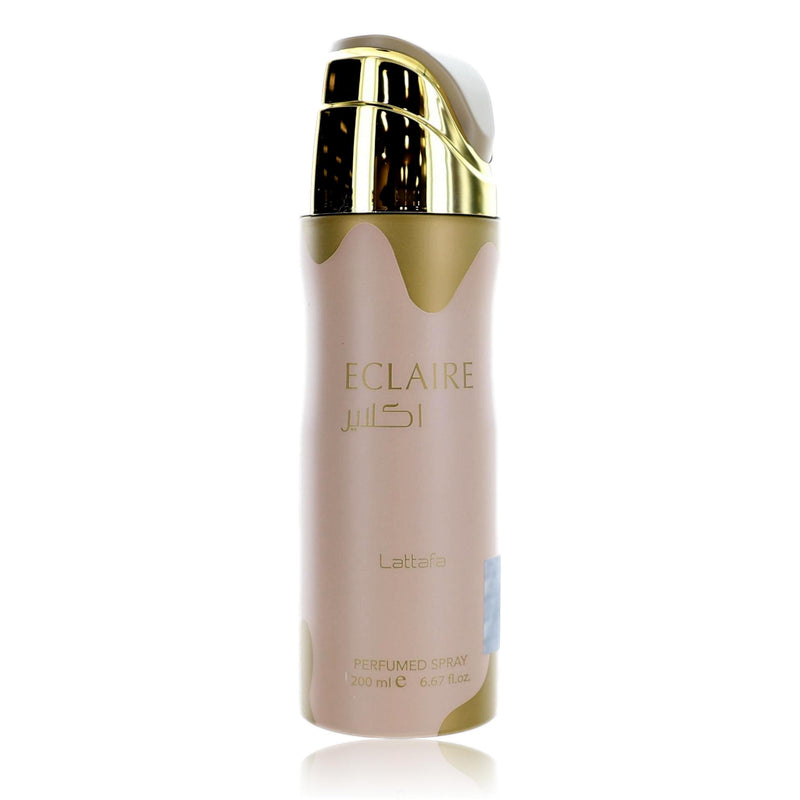 Lattafa Eclaire unisex perfumed deodorant spray bottle, 6.7 oz, with sleek packaging and spray nozzle visible.