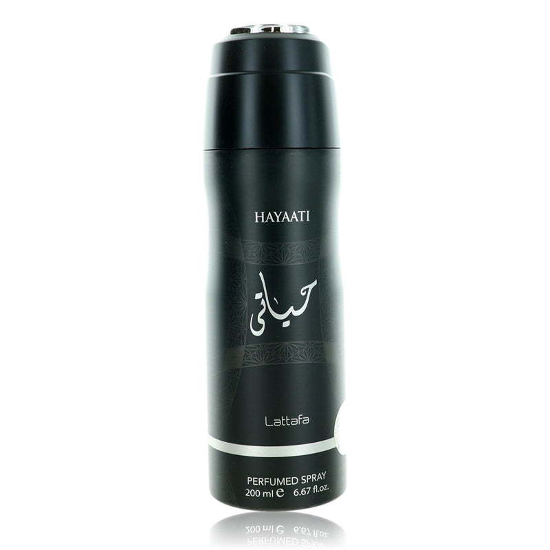 Lattafa Hayaati unisex perfumed deodorant spray bottle, 6.7 oz, with elegant design and a spray nozzle.
