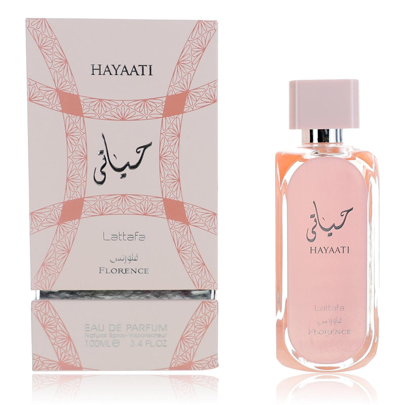 Lattafa Hayaati Florence 3.4 oz women's EDP spray bottle with elegant packaging and floral design.
