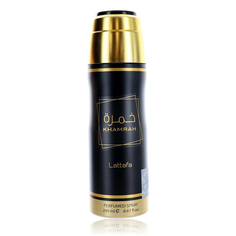 Lattafa Khamrah unisex perfumed deodorant spray, 6.7 oz, shown in a sleek aerosol can with a minimalist design.