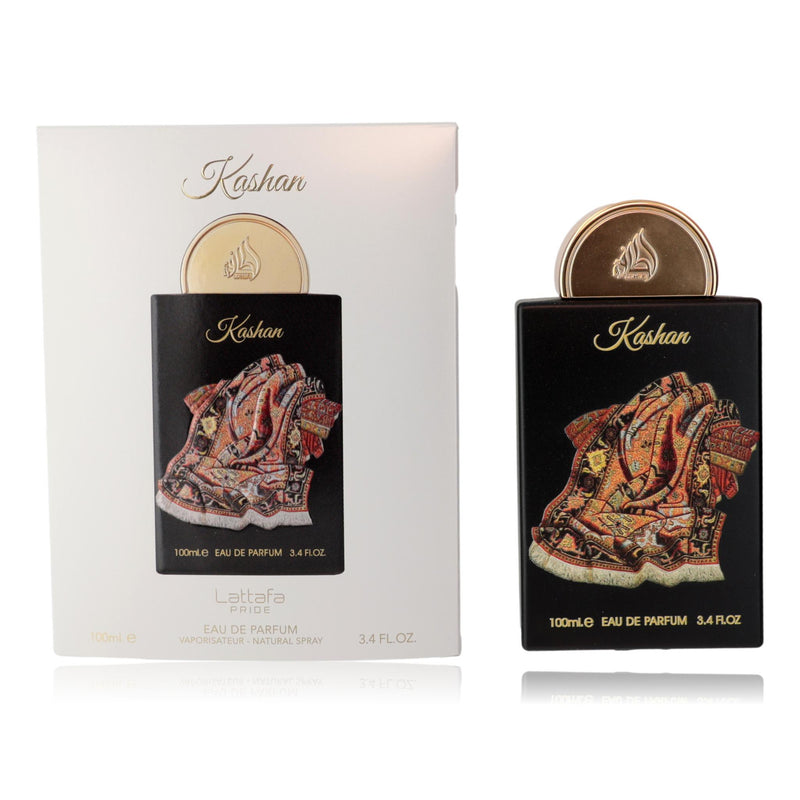 Lattafa Kashan 3.4 oz unisex EDP spray bottle with elegant design and sleek packaging.