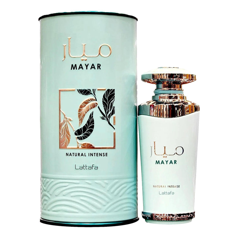 Mayar Natural Intense by Lattafa 3.4 oz EDP spray for women, featuring a sleek perfume bottle with elegant design.