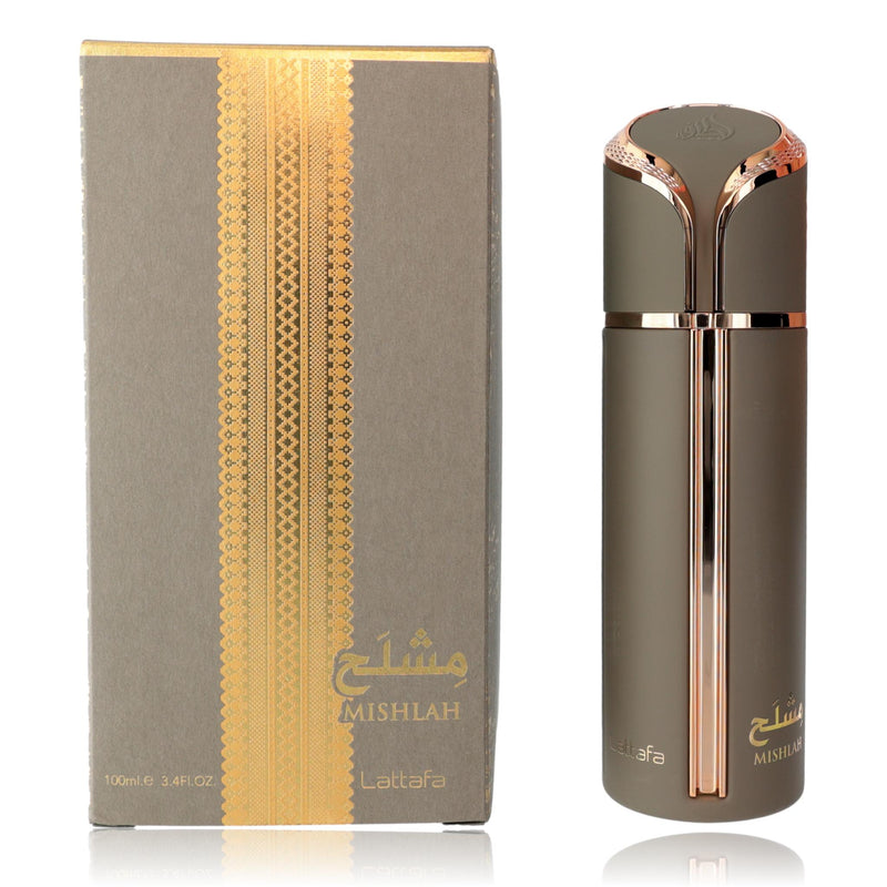 Lattafa Mishlah unisex 3.4 oz EDP spray with a sleek glass bottle and modern design, perfect for elegant fragrance wear.