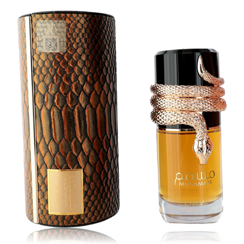Musamam by Lattafa 3.4 oz unisex EDP spray bottle, elegant packaging of the French perfume.