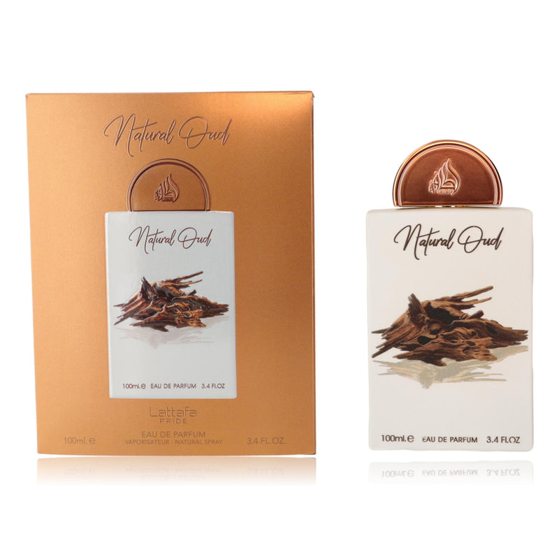 Lattafa Natural Oud 3.4 oz unisex EDP spray bottle, elegant packaging with a luxurious fragrance for both men and women.