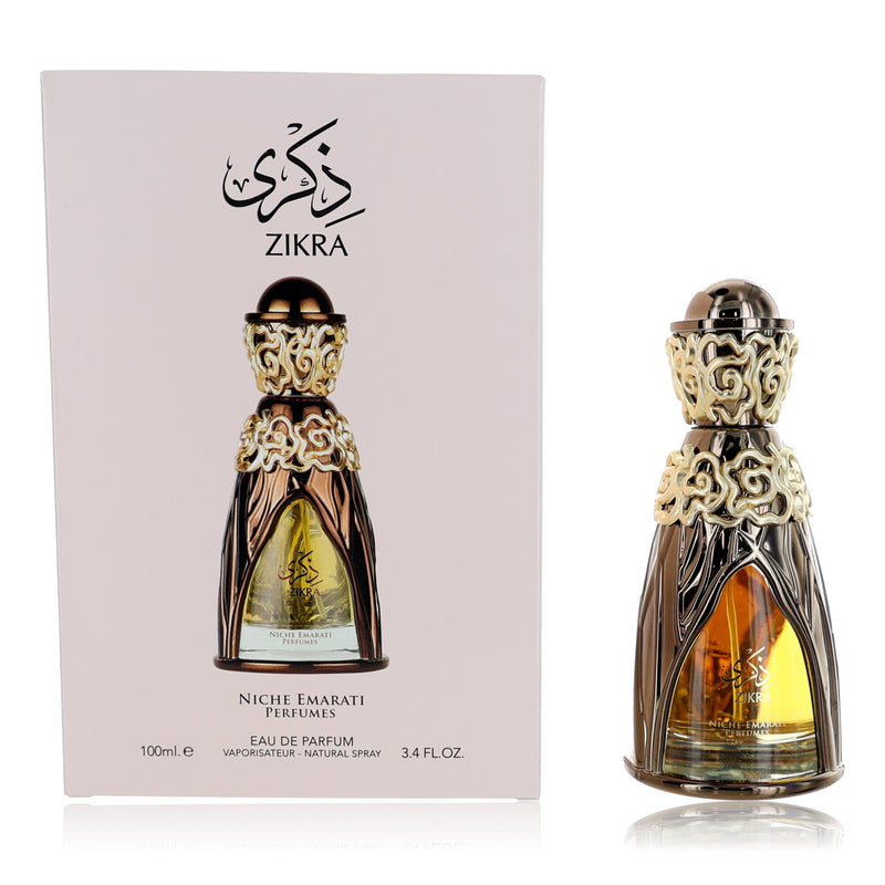 Lattafa Niche Emarati Zikra unisex Eau de Parfum spray, 3.4 oz, elegant bottle with intricate design.