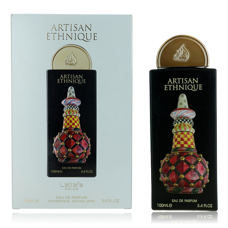 Lattafa Pride Artisan Ethnique unisex 3.4 oz EDP spray bottle with elegant design and artistic packaging.
