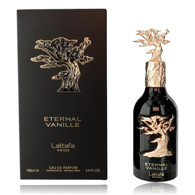 Lattafa Eternal Vanille 3.4 oz unisex EDP spray bottle, elegant packaging with a vanilla-scented fragrance.