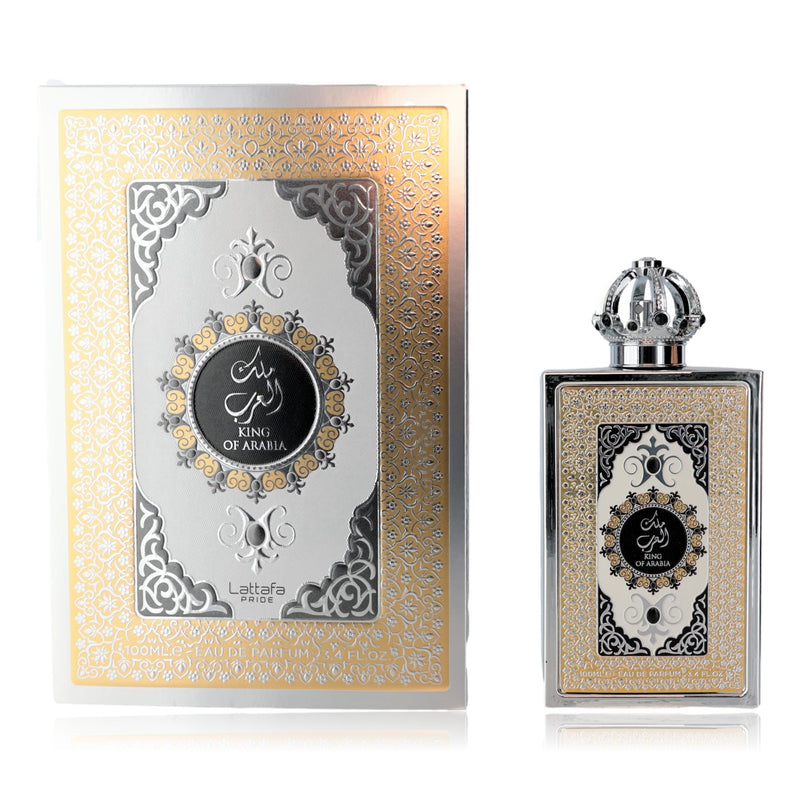 Lattafa Pride King of Arabia unisex 3.4 oz EDP spray bottle with elegant packaging and fragrance details.