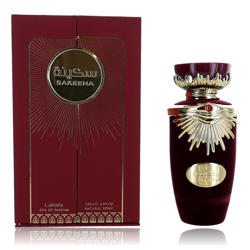 Sakeena by Lattafa 3.4 oz EDP spray for women, elegant bottle with floral and fruity fragrance details.