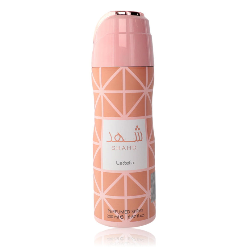 Lattafa Shahd unisex perfumed deodorant spray bottle, 6.7 oz, with elegant packaging and spray nozzle visible.